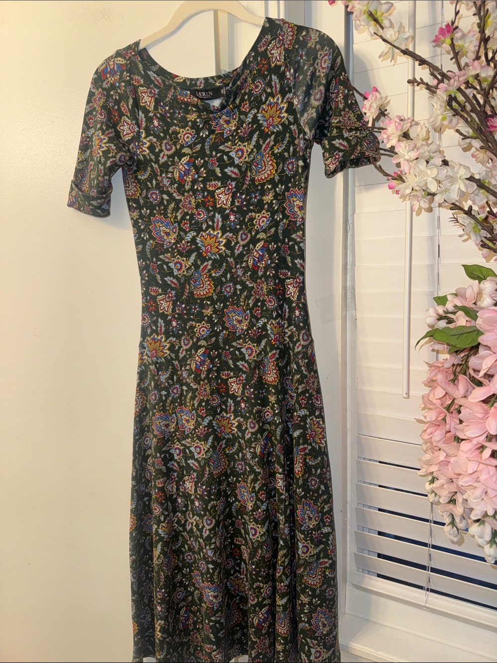 Lauren Ralph Lauren Dark Green Paisley Midi Dress with Multicolor Florals